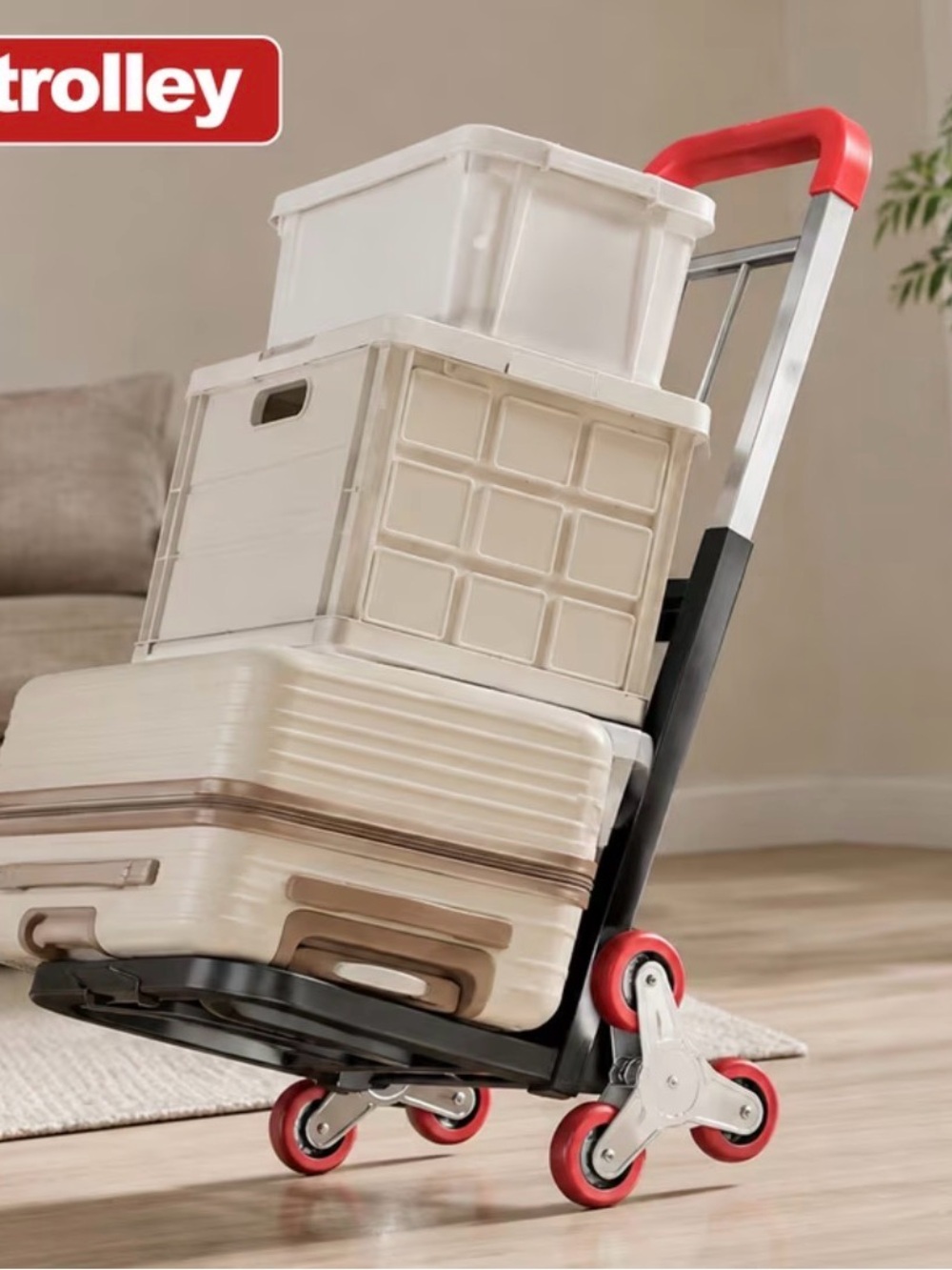 Portable Folding Hand Truck with Red Handle and Red Wheels